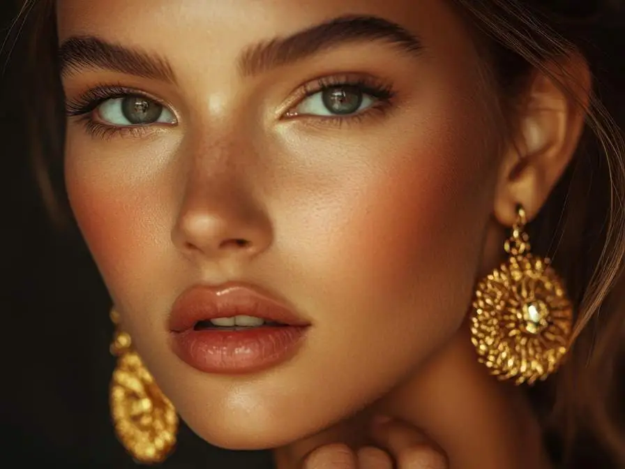 Portrait beauté en studio, boucles d’oreilles dorées